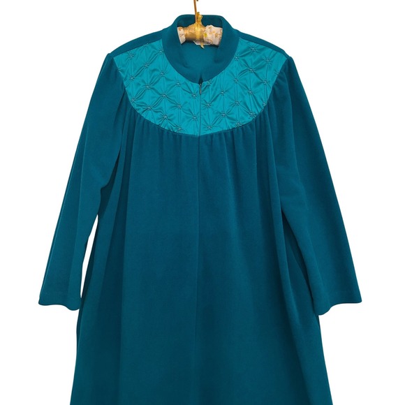 Vintage Vanity Fair Housecoat Robe Women's L Quilted Yoke Teal Green Grannycore - Picture 2 of 6